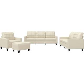 Sofasæt 3 Dele Kunstlæder - Creme / med hynder og fodskamler