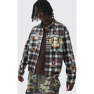 Mens Brown Oversized Boxy Badge Applique Distressed Overdye Check Shirt