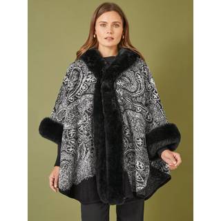 Yumi Yumi Black Faux Fur Trim Cape Poncho With Paisley Print