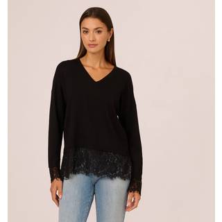 Adrianna Papell V-hals Ensfarvet Twofer Sort Sweater Med BlondekombinationX-Small