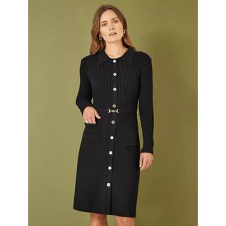 Yumi Yumi Black Rib Knit Midi Shirt Dress With Snaffle Belt