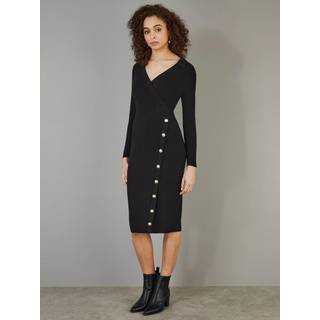 Yumi Yumi Black Knitted Midi Dress With Asymmetric Button Details