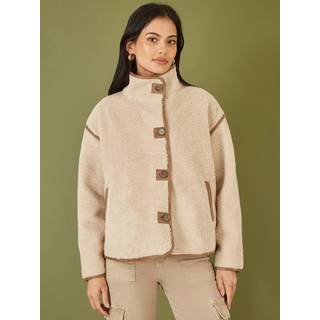 Yumi Teddystof Høj hals Jakke With Faux Leather TrimsEU 38 (UK 10)