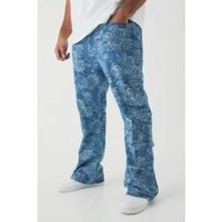 Mens Mid Blue Plus Floral Jacquard Multi Cargo Flared Jeans