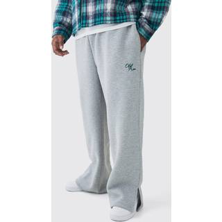 Mens Grey Marl Plus Brushed Back Embroidered Split Hem Relaxed Joggers