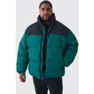 Mens Plus Colour Block Concealed Hood Puffer Jacket In Green