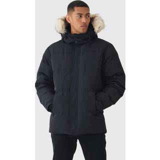 Mens Hooded Puffer With Removeable Faux Fur Trim In Black
