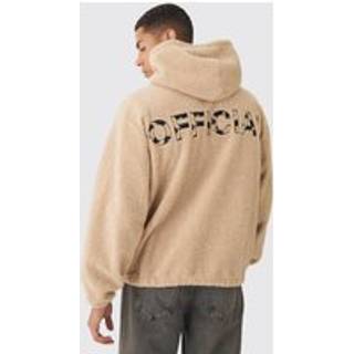 Mens Stone Oversized Boucle Borg Official Leopard Popper Neck Hoodie