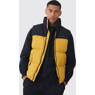 Mens Man Tab Colour Block Puffer Funnel Neck Gilet In Mustard