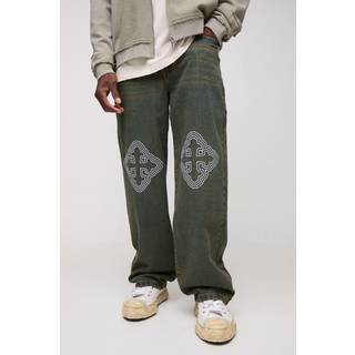 Mens Antique Blue Relaxed Fit Cross Embroidered Jeans