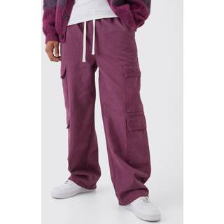 Mens Purple Elasticated Baggy Fit Multi Cargo Trousers