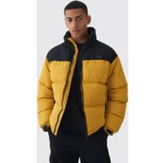 Mens Man Tab Colour Block Concealed Hood Puffer Coat In Mustard