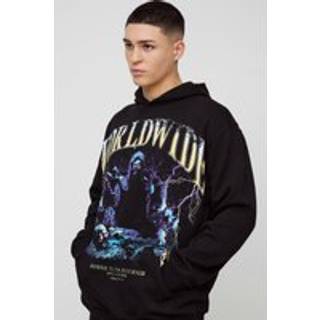Mens Black Oversized Worldwide Skeleton Graphic Hoodie