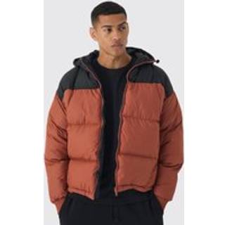 Mens Boxy Curved Quilted Colour Block Hooded Puffer In Rust