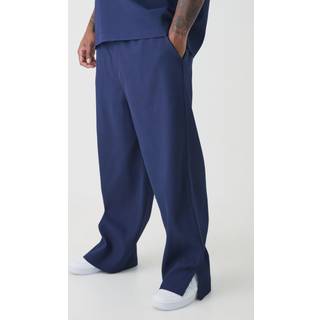 Mens Navy Plus Pleated Split Hem Relaxed Fit Trousers