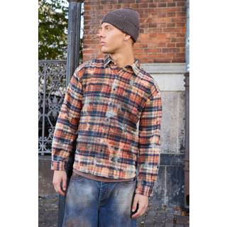 Mens Orange Oversized Washed Printed Checked Shirt