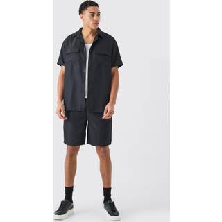 Mens Black Short Sleeve Soft Twill Overshirt And Short Set