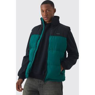 Mens Man Tab Colour Block Puffer Funnel Neck Gilet In Green