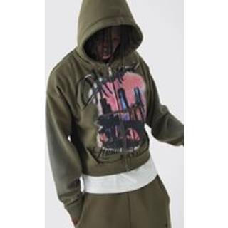 Mens Khaki Shrunken Distressed Graphic Zip Through Brushback Hoodie