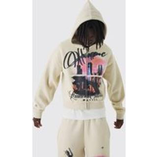 Mens Stone Shrunken Distressed Graphic Zip Through Brushback Hoodie