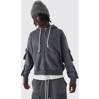 Mens Charcoal Oversized Boxy Utility Zip Through Brushback Hoodie