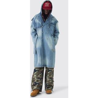 Mens Mid Blue Oversized Hooded Denim Trench Coat
