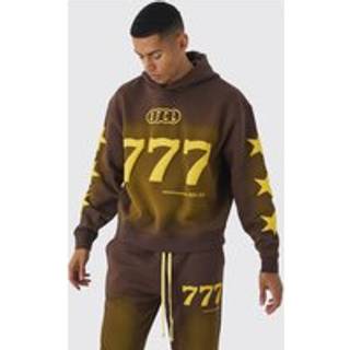 Mens Brown Oversized Boxy Puff Print Spray Wash Moto Hoodie