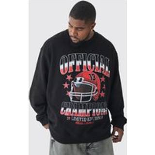 Mens Plus Official Champions Print Washed Oversized Extended Neck Sweatshirt in Black