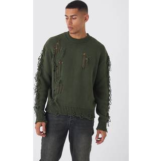 Mens Khaki Oversized Distressed Sleeve Knitted Jumper