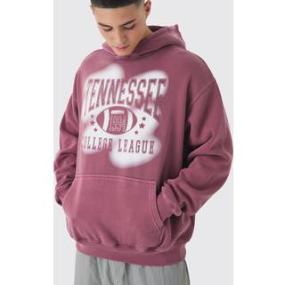 Mens Plum Oversized New York Varsity Stencil Graphic Washed Hoodie