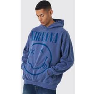 Mens Blue Oversized Nirvana Wash License Print Hoodie