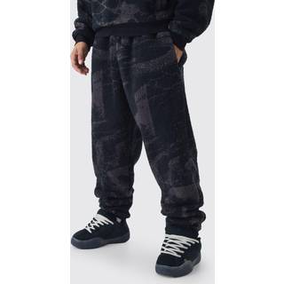 Mens Black Oversized Borg Gothic Print Cuffed Jogger