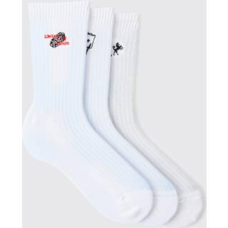 Mens White 3 Pack Casino Graphic Embroidered Socks