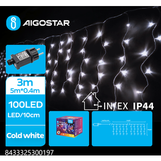 LED Lyskæde - Kold Hvid -3M+5M*0.4M-100LED-25string-transparent wire-8blink+time+IP44