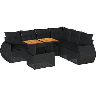 Sofasæt Til Haven 7 Dele Med Hynder Polyrattan Sort - Sort / 3x hjørnedel bord 3x midterdel