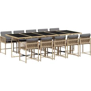 Spisebordssæt Til Haven 13 Dele Med Hynder Polyrattan - 10 / Blandet beige / Glas