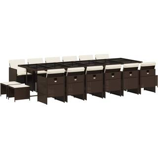 Spisebordssæt Til Haven 11 Dele Med Hynder Polyrattan Beige - 16 / Brun og cremefarvet / Glas