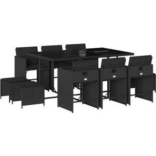 Spisebordssæt Til Haven 11 Dele Med Hynder Polyrattan Sort - 10 / Sort / Glas