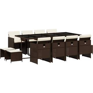 Spisebordssæt Til Haven 11 Dele Med Hynder Polyrattan Beige - 12 / Brun og cremefarvet / Glas