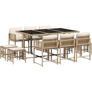 Spisebordssæt Til Haven 9 Dele Med Hynder Polyrattan - 10 / beige og cremefarvet / Glas