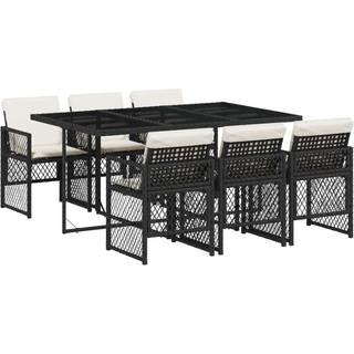 Spisebordssæt Til Haven 9 Dele Med Hynder Polyrattan - 6 / Sort og cremefarvet / Glas