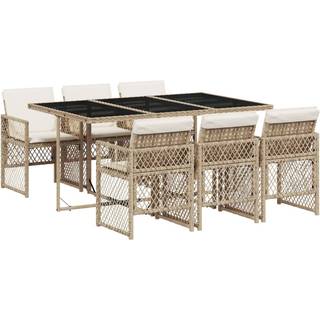 Spisebordssæt Til Haven 9 Dele Med Hynder Polyrattan - 6 / beige og cremefarvet / Glas