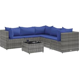 Loungesæt Til Haven 6 Dele Med Hynder Polyrattan Brun - Grå og blå / 3x hjørnedel 2x midterdel bord