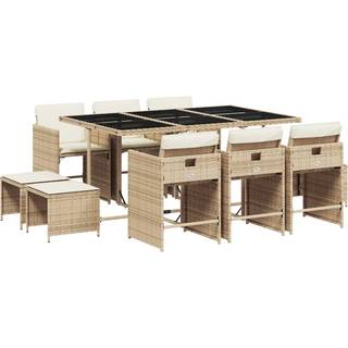 Spisebordssæt Til Haven 15 Dele Med Hynder Polyrattan - 10 / beige og cremefarvet / Glas