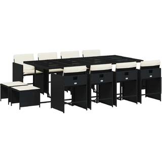 Spisebordssæt Til Haven 15 Dele Med Hynder Polyrattan - 12 / Sort og cremefarvet / Glas