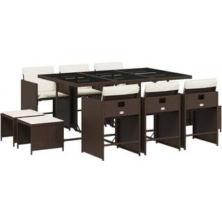 Spisebordssæt Til Haven 15 Dele Med Hynder Polyrattan - 10 / Brun og cremefarvet / Glas