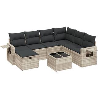 Havesofasæt 8 Dele Med Hynder Polyrattan Beige - Lysegrå / Med bord