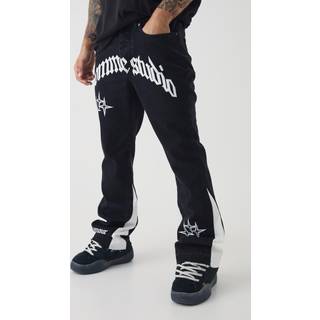 Mens Washed Black Slim Flared Crotch Applique Gusset Detail Jeans