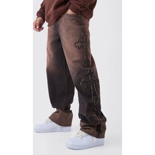 Mens Brown Relaxed Rigid Cross Applique Denim Jeans