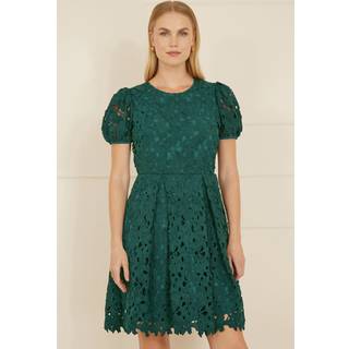 Yumi Yumi Green Lace Skater Dress With Puff Sleeves